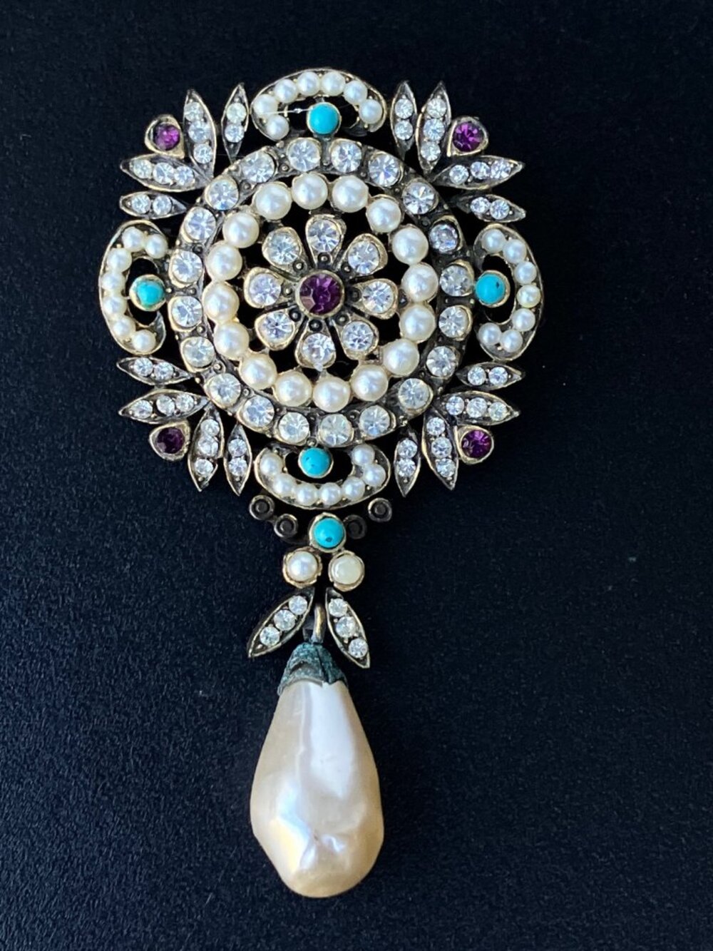 Kramer Rhinestone Pearl Dangle Pendant/Brooch